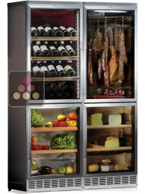 Combiné encastrable de 4 caves : vins, fromages, charcuteries + compartiment Alcools et Champagne - Habillage intérieur en inox CALICE