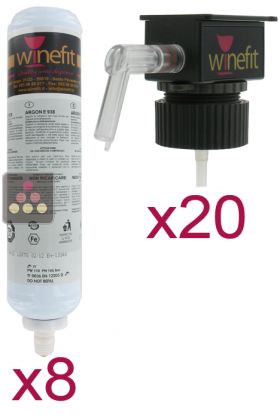 Lot de 20 t&ecirc;tes de distribution et 8 cartouches d'Argon pour distributeur de vin au verre