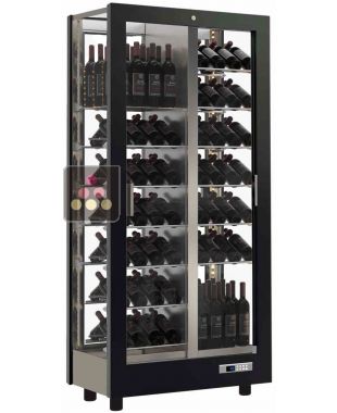 Vitrine à vin multi-températures service et conservation - Usage pro - 4 côtés vitrés - Bouteilles inclinées et debouts - Habillage bois CALICE DESIGN
