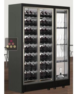 Combiné d'une vitrine à vin et d'un module non réfrigéré pour verrerie ou spiritueux traversant 2 faces vitrées - Installation centrale - Bouteilles inclinées - Cadre FIT CALICE DESIGN
