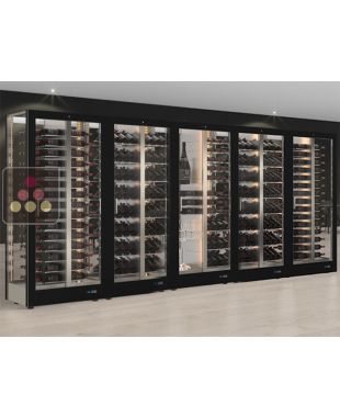 Combiné de 5 vitrines à vin multi-usages pour installation centrale - Usage pro - 4 cotés vitrés - Bouteilles horizontales/inclinées/mixte - Habillage magnétique interchangeable CALICE DESIGN