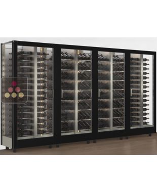 Combiné de 4 vitrines à vin professionnelles multi-usages - 3 cotés vitrés - Bouteilles horizontales/inclinées - Habillage magnétique interchangeable CALICE DESIGN