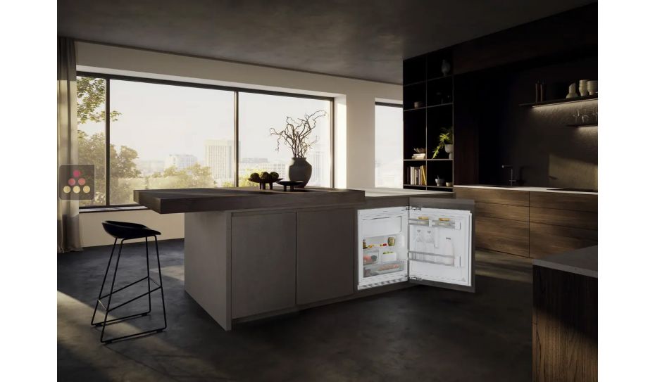 Mini combiné réfrigérateur et congélateur encastrable sous plan à panneau décoratif habillable 106 Litres