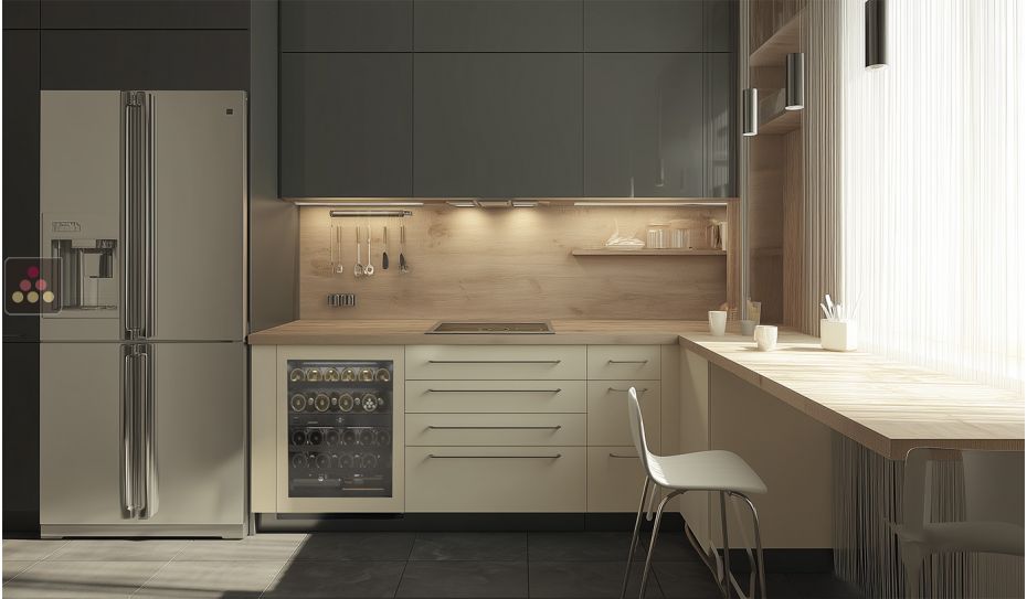 Cave à vin deux températures de conservation et de service des vins encastrable sous-plan à façade habillable