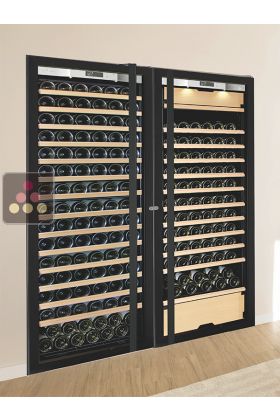 Combiné enchassable d'une cave à vin mono-température et d'une cave multi-usages 3 températures - Clayettes coulissantes - Porte Full Glass