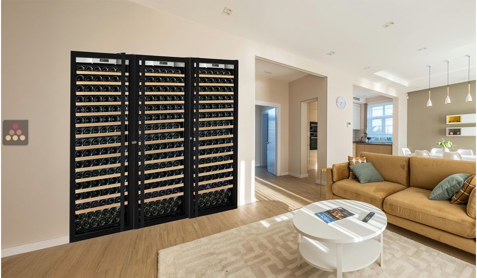 Combiné enchassable de 3 caves à vin mono-température de vieillissement ou de service - Porte Full Glass - Clayettes coulissantes
