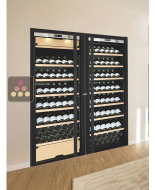 Combiné enchassable d'une cave à vin mono-température et d'une cave multi-usages 3 températures - Equipement présentation/coulissant - Porte Full Glass TRANSTHERM