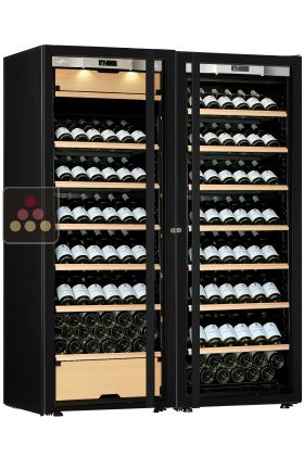 Combiné d'une cave à vin mono-température et d'une cave multi-usages 3 températures - Equipement présentation/coulissant - Porte Full Glass