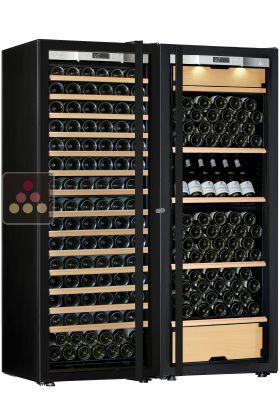 Combiné d'une cave à vin mono-température et d'une cave multi-usages 3 températures - Clayettes mixtes - Porte Full Glass