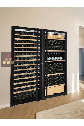 Combiné enchassable d'une cave à vin mono-température et d'une cave multi-usages 3 températures - Clayettes mixtes - Porte Full Glass