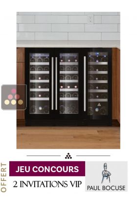Combiné de deux caves à vin de service encastrables sous-plan à 3 températures - Cadres en verre noirs
