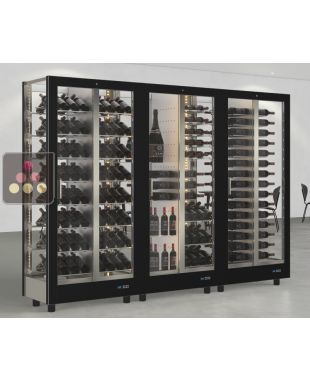 Combiné de 3 vitrines à vin professionnelles multi-usages - 4 cotés vitrés - Habillage magnétique interchangeable CALICE DESIGN
