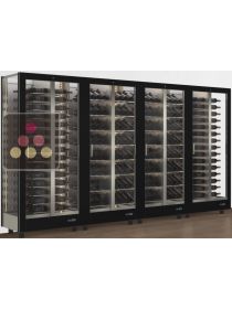 Combiné de 4 vitrines à vin professionnelles multi-usages - 3 cotés vitrés - Bouteilles horizontales/inclinées - Habillage magnétique interchangeable CALICE DESIGN