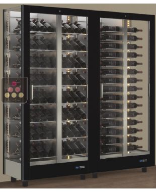 Combiné de 2 vitrines à vin professionnelles multi-usages - 3 cotés vitrés - Bouteilles horizontales/inclinées - Habillage magnétique interchangeable CALICE DESIGN