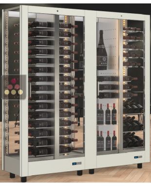 Combiné de 2 vitrines à vin professionnelles multi-usages - 4 cotés vitrés - Habillage magnétique interchangeable CALICE DESIGN