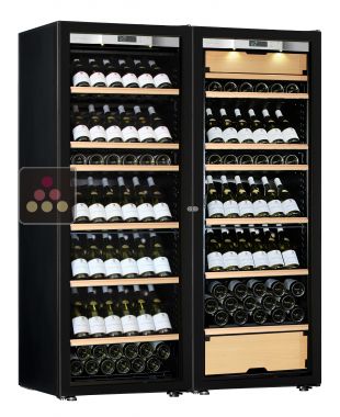 Combiné d'une cave à vin mono-température et d'une cave multi-usages 3 températures - Equipement présentation - Porte Full Glass TRANSTHERM