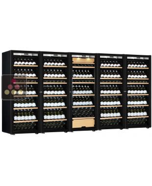 Combiné de 4 caves à vin mono-température et d'une cave multi-usages 3 températures - Equipement présentation - Porte Full Glass TRANSTHERM