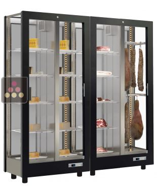 Combiné de 2 vitrines réfrigérées professionnelles pour charcuteries et fromages - 3 côtés vitrés - Habillage magnétique interchangeable CALICE DESIGN
