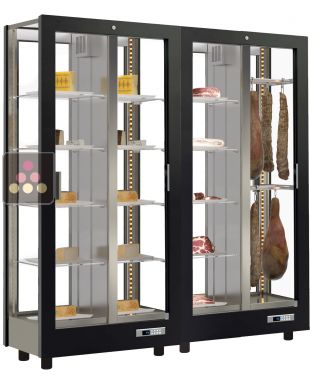 Combiné de 2 vitrines réfrigérées professionnelles pour charcuteries et fromages - 4 côtés vitrés - Habillage magnétique interchangeable CALICE DESIGN