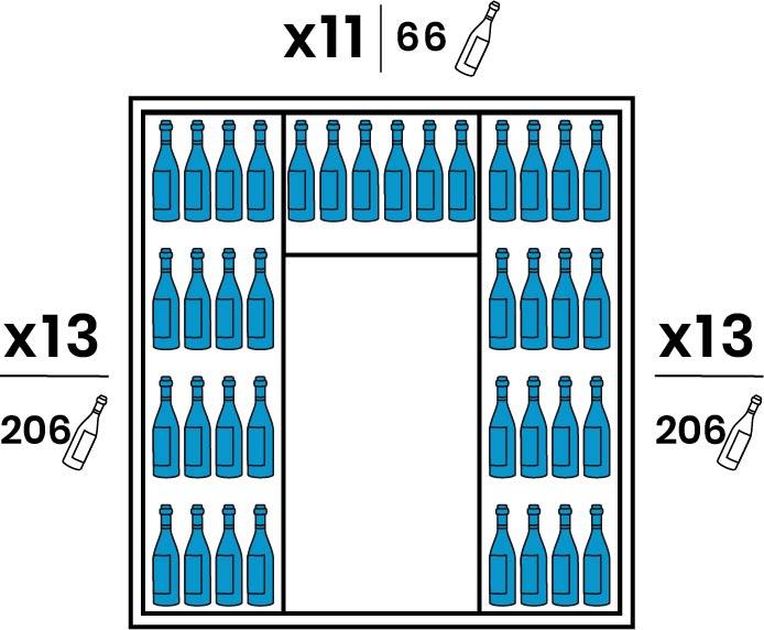 Chaque coté est équipé de 13 grandes clayettes plexiglas transparentes. Le Fond est équipé de 11 petites clayettes plexiglas transparentes. Capacité 478 bouteilles