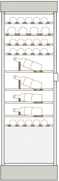 Clayettes bois de haut en bas : Magnums et bouteilles 75cl horizontaux parallèles aux portes sur 1 et 2 niveaux, puis bouteilles 75cl, simple profondeur, en présentation inclinée sur 3 niveaux, puis perpendiculaire aux portes sur 3 niveaux.
