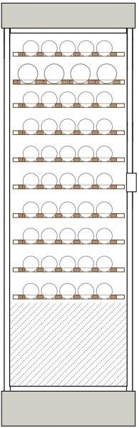 Clayettes bois de haut en bas : Magnums sur 1 niveau et bouteilles 75cl horizontaux parallèles aux portes sur 9 niveaux.